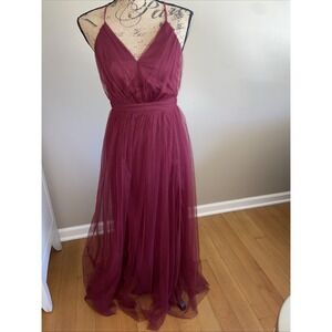Lulus Petite XS Dress Tulle V Neck Formal Burgundy Cross Back Adjustable Straps